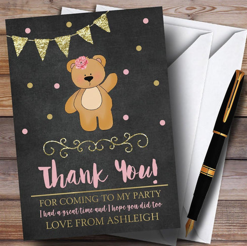 The Card Zoo Chalk Gold Girls Teddy Bear Party Thank You Cards