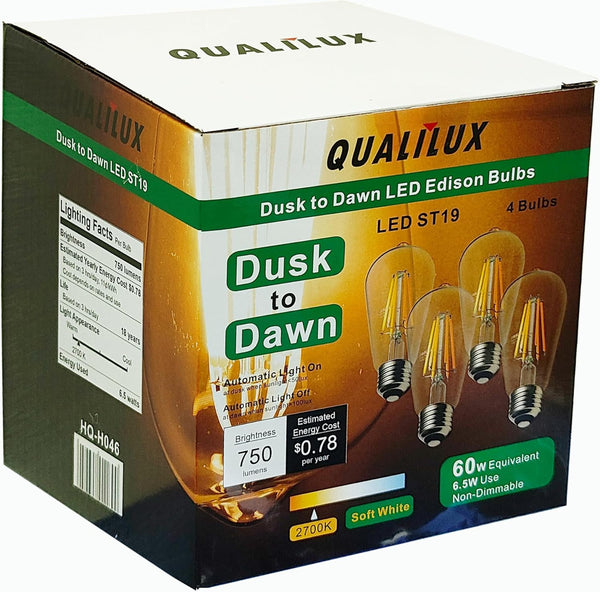 Qualilux Dusk to Dawn Edison Light Bulbs ST58(ST19), Soft White 2700K, 6.5W=60W,