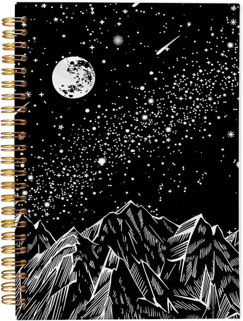 Mountains Moon Celestial Starry Night Notebook, Boho Dark Aesthetic Journal, Black and White Spiral Notebook 5.5x8.3