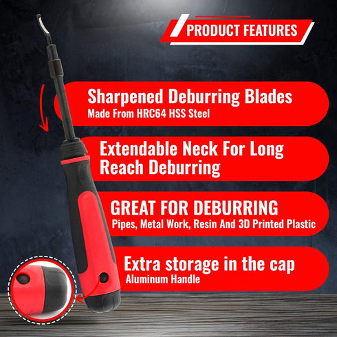 AFA Tooling - Extendable Neck Deburring Tool with 3 Extra Swivel Blades for Metal, Resin, PVC, Copper, Plastic, 3D