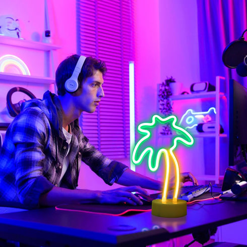 Summer ENUOLI Coconut Palm tree Neon Signs LED Battery Operated USB Powered Neon Light with Holder Base for Party