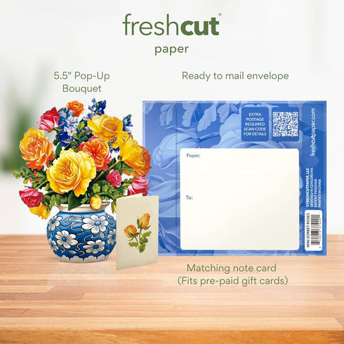 6 Inch 3D Freshcut Paper Pop Up Cards, Mini Sorbet Roses, Life Sized Forever Flower Bouquet Popup Greeting Card
