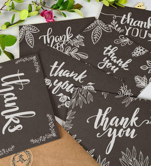 T&M Quality Designs LLC 120 6 4x6 Inch Elegant Black and White Chalkboard Kraft Thank You Cards with Kraft Envelopes
