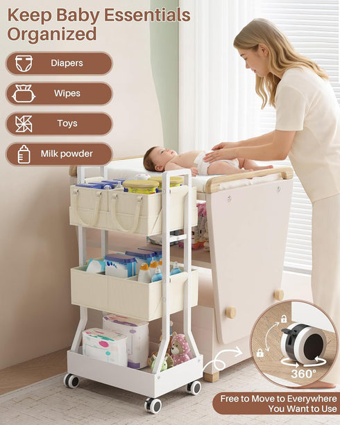 Ornestia 2In1 Baby Diaper Caddy Organizer Cart- Rolling Diaper Cart with Detachable Dividers-Baby Essentials Nursery