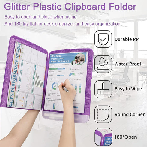 Glitter Clipboard with Storage, A4 Binder Clip Boards 8.5x11 with Pen Holder, Side Opening Sparkle Clipboards for Office
