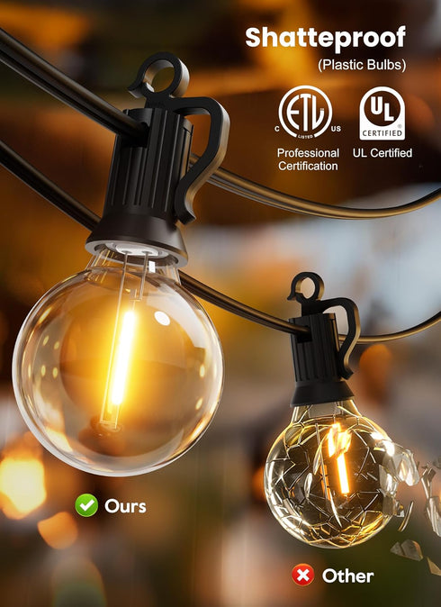 25FT 12+1 G40 Bulbs IP65 Dimmable Brightown Outdoor String Lights, Shatterproof Patio Lights, Waterproof Hanging