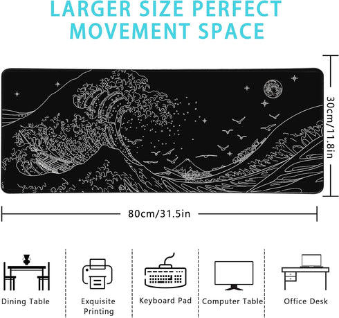Black Gaming Laptop Mouse Pad, Sea Wave Big Mice Pads, Waterproof Non-Slip 31.5 x 11.8 inches, Kanagawa Surfing Mouse