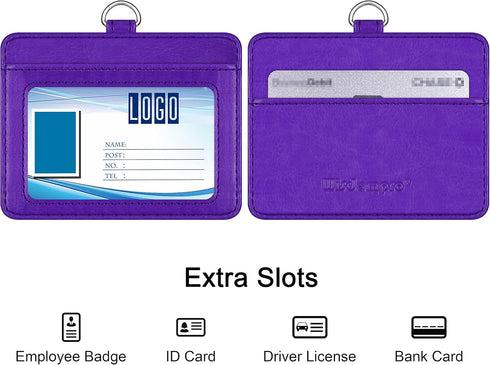 Wisdompro 2-Sided PU Leather ID Badge Holder - Purple (Horizontal) with 1 ID Window, 1 Card Slot, and 1 Piece 23 Inch
