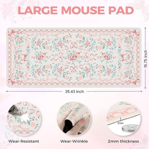 iCasso Pink Desk Mat for Desktop,Cute Desk Pad for Women,Girly Bow Mouse Pad with Stitched Edges,Non-Slip Large