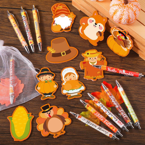 Zhanmai 30 Set Fall Party Gifts, Thanksgiving Day Ballpoint Pens, Autumn Sticky Notes, and Organza Bags