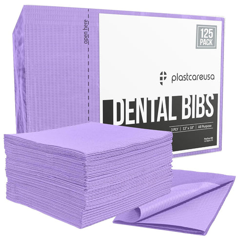 PlastCare USA Disposable Dental Bibs 13"x18" (125 Pack) - 3 Ply Waterproof