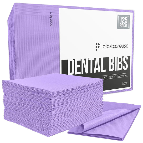PlastCare USA Disposable Dental Bibs 13"x18" (125 Pack) - 3 Ply Waterproof