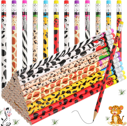 Zhehao 36 Pcs Jungle Theme Pencils, Animal Print Pencils with Eraser, Bulk Safari Pencils for Kids