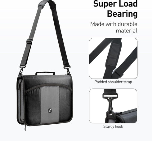 Round Ring 3-Inch Zipper Binder with Expanding Files and Handle, Shoulder Strap Included, Black