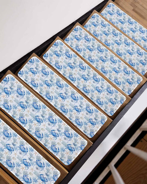 BOHOOSKYLAR 4 8"x30" Ocean Crab Stair Treads Seaweed Starfish Coral Blue Texture Indoor Non Slip Peel and Stick Stair