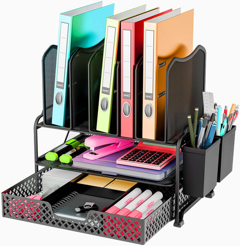 Simple Trending Black Desk File Organizer with Sliding Drawer, Metal Mesh Double Tray & 5 Upright Section Sorter