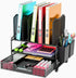 Simple Trending Black Desk File Organizer with Sliding Drawer, Metal Mesh Double Tray & 5 Upright Section Sorter