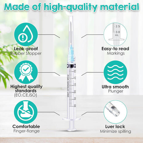 100 Pack 3 ml/cc Syringes with Needle, 23G, 1.0 inch Luer Lock, Sterile, Disposable