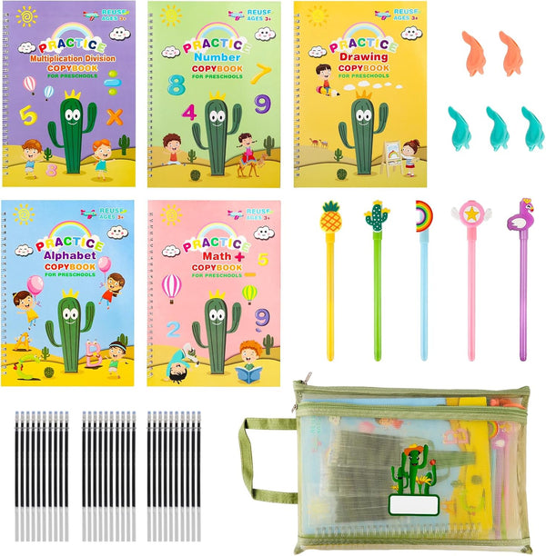 PracticeJQDEN Large Reusable Grooved Handwriting Practice Workbooks for Kids Ages 3-8 Magic Disappearing