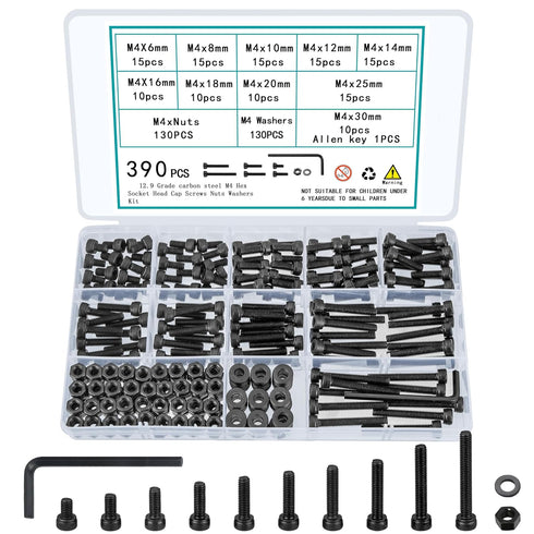390 Pcs M4 Screws and Nuts Assortment Kit, Hex Socket Head Cap Screws and Washers, Assorted Nuts and Bolts Set
