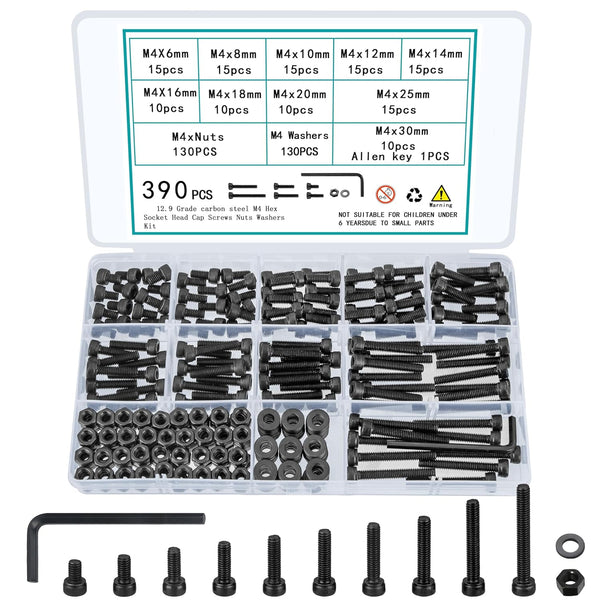390 Pcs M4 Screws and Nuts Assortment Kit, Hex Socket Head Cap Screws and Washers, Assorted Nuts and Bolts Set