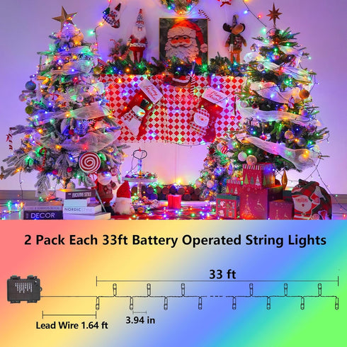 2 Pack 33ft 100 8 YEGUO Christmas Lights Battery Operated, Each LED Multicolor String Lights Outdoor Waterproof, Modes