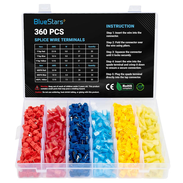 BlueStars 360 PCS T-Tap Splice Wire Terminals and Male Quick Disconnect Spade, Electrical Connectors Kit with Case