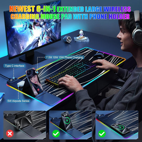 Miroddi Mouse Pad with Phone Holder, Wireless Charging Desk Mat, RGB Gaming Mousepad Home Office Large Desk Pad