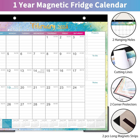 Magnetic Calendar for Fridge 2024, 10'' x 10'', Jan-Dec, 6 Topic Design with Ruled Blocks