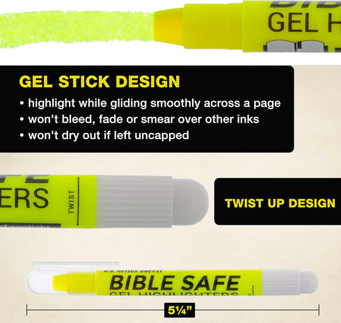 U.S. Office Supply Bible Safe Highlighter Set of 6, Yellow Fluorescent Markers, No Bleed, Fade or Smear, Safe Gel