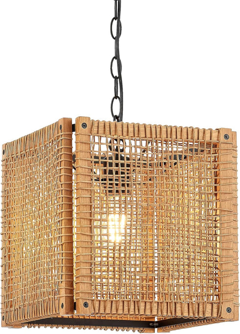 1-Light 12" ELYONA Rattan Pendant Light, Square Solid Wood Frame Woven Pendant Light Fixtures Boho Adjustable Hanging
