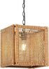 1-Light 12" ELYONA Rattan Pendant Light, Square Solid Wood Frame Woven Pendant Light Fixtures Boho Adjustable Hanging