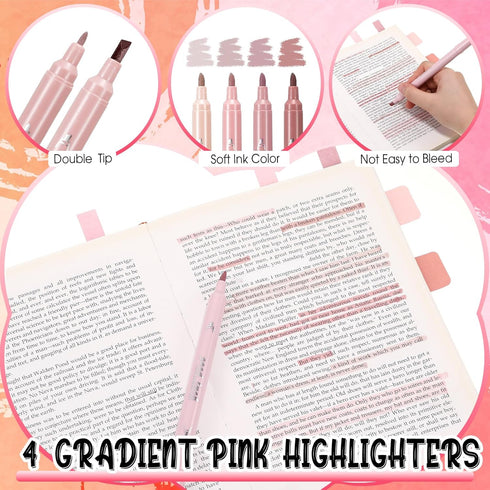 Janlaugh 38 Pcs Aesthetic College School Supplies, Pen Case, Sticky Notes, Gel Pens, Highlighters, Pink Color