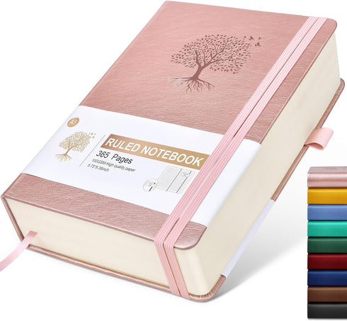 Lined Journal Notebook, 365 Pages A5 Thick Ruled Notebook, Pink Hardcover Leather for Daily Use