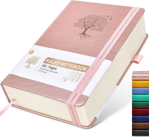Lined Journal Notebook, 365 Pages A5 Thick Ruled Notebook, Pink Hardcover Leather for Daily Use