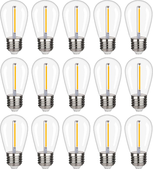 S14 Outdoor String Light Bulbs, Shatterproof Waterproof, 1W Equivalent to 10W, 2200K Warm White, E26 Base, 15 Pack