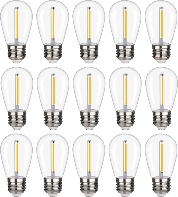 S14 Outdoor String Light Bulbs, Shatterproof Waterproof, 1W Equivalent to 10W, 2200K Warm White, E26 Base, 15 Pack