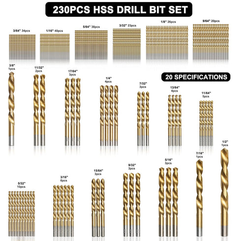 230 Pcs Titanium Coated Drill Bit Set, 135° Tip High Speed Steel Twist Drill Kit for Iron, Aluminum, Wood, and Plastic
