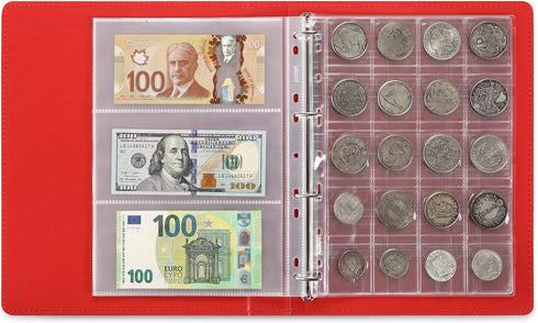MUDOR Premium PU Classic 4 Ring Binder, Empty Stockbook for Stamps, Documents, Coins, Red