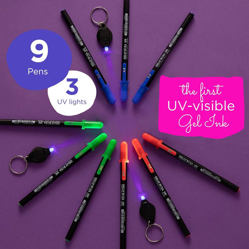 SAKURA Gelly Roll UV Pen - UV Gel Ink Pen - Invisible Ink Pen - With UV Keychain Flashlight - Bold Ink Pen for Art or Drawing - Red, Green & Blue Ink - 9 Pens, 3 Lights by SAKURA