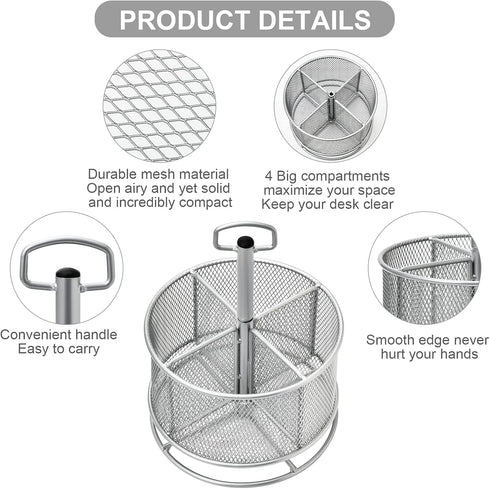 Marbrasse Mesh Desk Organizer, 360-Degree Rotating Multi-Functional Pen Holder, 4 Compartments