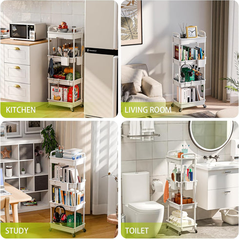 Sorgion 4 Tier Rolling Cart Organizer,Art Craft Diaper Bedside Snack Laundry Room Bathroom Organizer Narrow Thin Slim