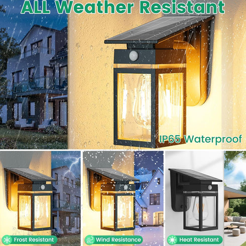 3 IP65 E26 Bulb Solar Porch Lights Outdoor, Dusk to Dawn & Motion Sensor Wall Light with Lantern Shape, Modes