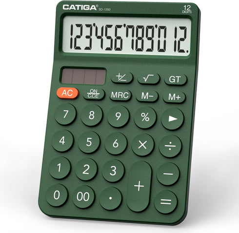 CATIGA 12 Digit Desktop Calculator with Large LCD Display, Round Design, Solar and Battery Dual Power for Office