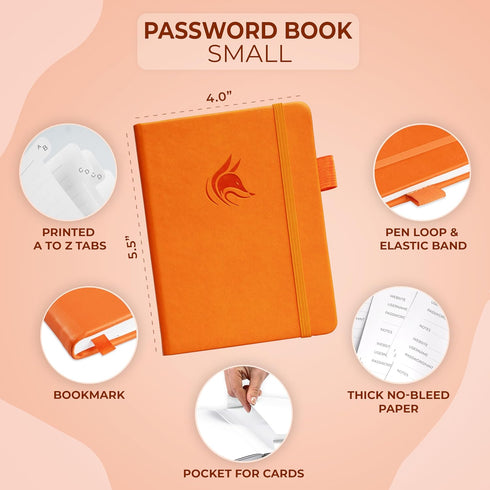 Clever Fox Password Book with Alphabetical Tabs, Internet Address Organizer Logbook, Small Pocket Keeper (Orange)