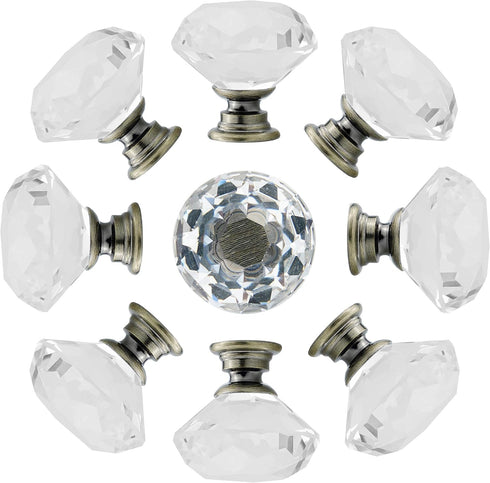 YourGift 12 Pack Diamond Shaped Crystal Glass Drawer Knobs, 30mm Cabinet Pull Handles (Bronze)
