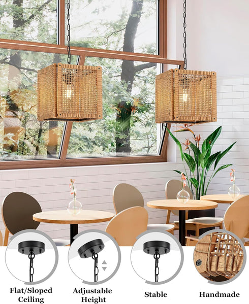 1-Light 12" ELYONA Rattan Pendant Light, Square Solid Wood Frame Woven Pendant Light Fixtures Boho Adjustable Hanging