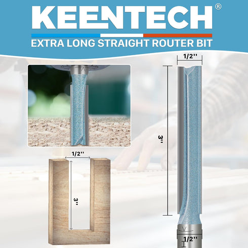 1/2" 1/2" 3" KEENTECH Carbide Tipped Extra Long Straight Router Bit for Woodworking, Shank, Cutting Diameter x Cutting