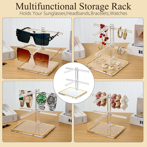 2-Tier 2 Trimmed Counter Acrylic Sunglasses Display Stand, Clear Glasses Stand for Pairs, Luxury Gold Eyeglasses Holder