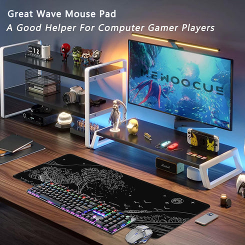 Black Gaming Laptop Mouse Pad, Sea Wave Big Mice Pads, Waterproof Non-Slip 31.5 x 11.8 inches, Kanagawa Surfing Mouse
